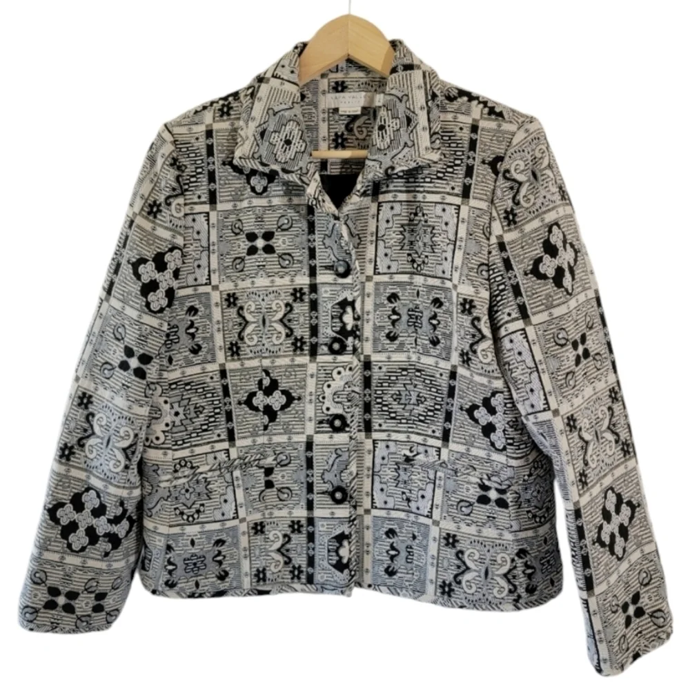 VTG Nava Valley Black White Quilted Jacket Sz PL Full-Zip Geometric Goth Grunge